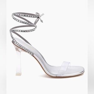 Larroude Disco Gloria Embellished Wrap Sandals in Gray Suede w Lucite Heel Sz 7